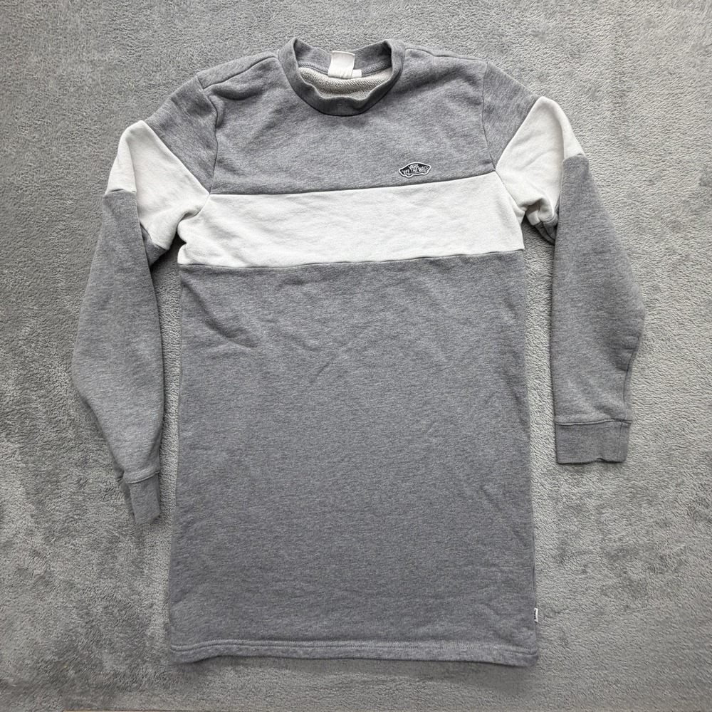 VANS Sweatshirt Womens S Gray‎ Fleece Pullover Striped Crewneck Logo Patch